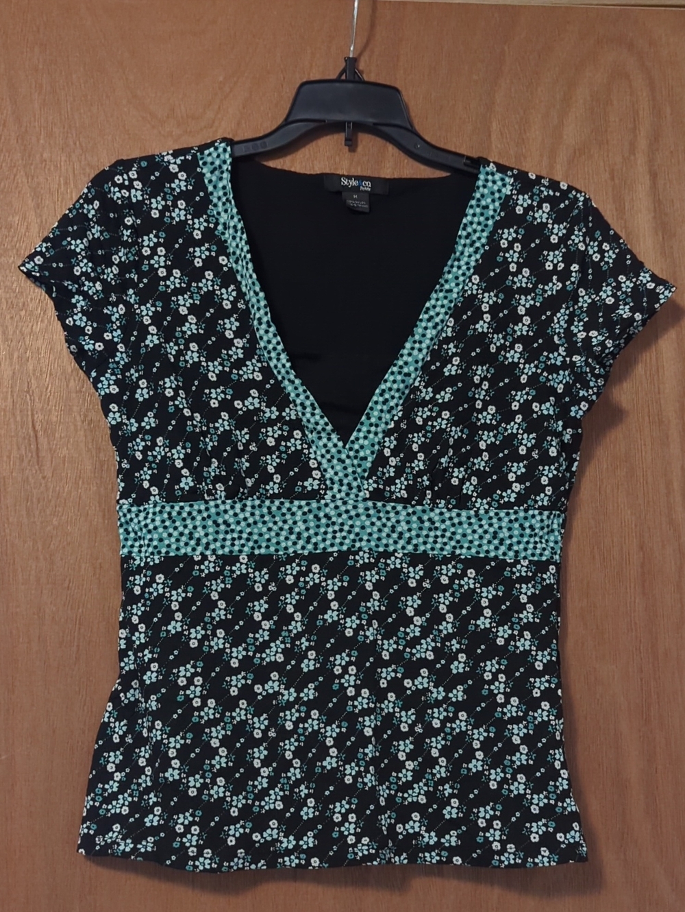 Style & Co. Black Short-Sleeve V-Neck Top with Aqua Floral Print